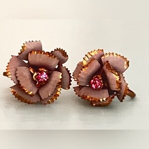 Austria Light Purple Pedals Gold-Tone Pink Rhinestone Floral Screw-Back Earrings